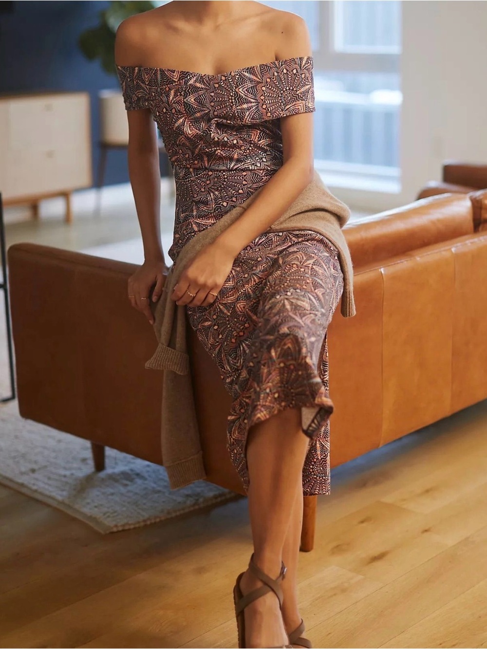 Off-Shoulder Paisley Midi Dress in Brown